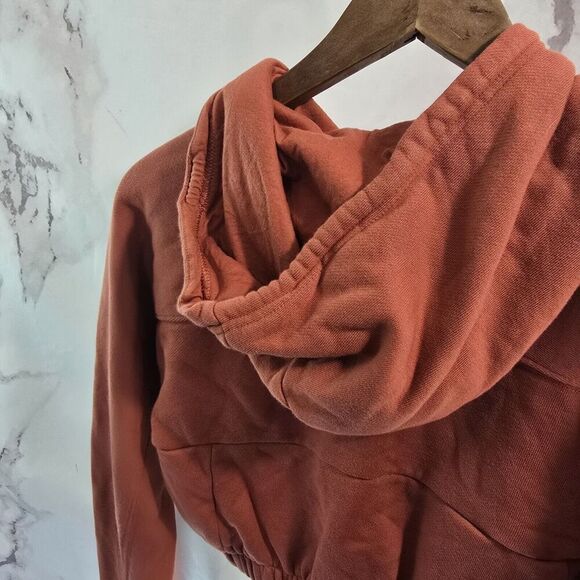 Adidas Hoodie Womens XS Orange Fleece Cropped Elastic Sweatshirt Pullover fh7636 - Picture 6 of 14